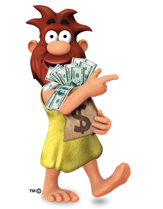 Ug the Caveman holding hundred dollar bills